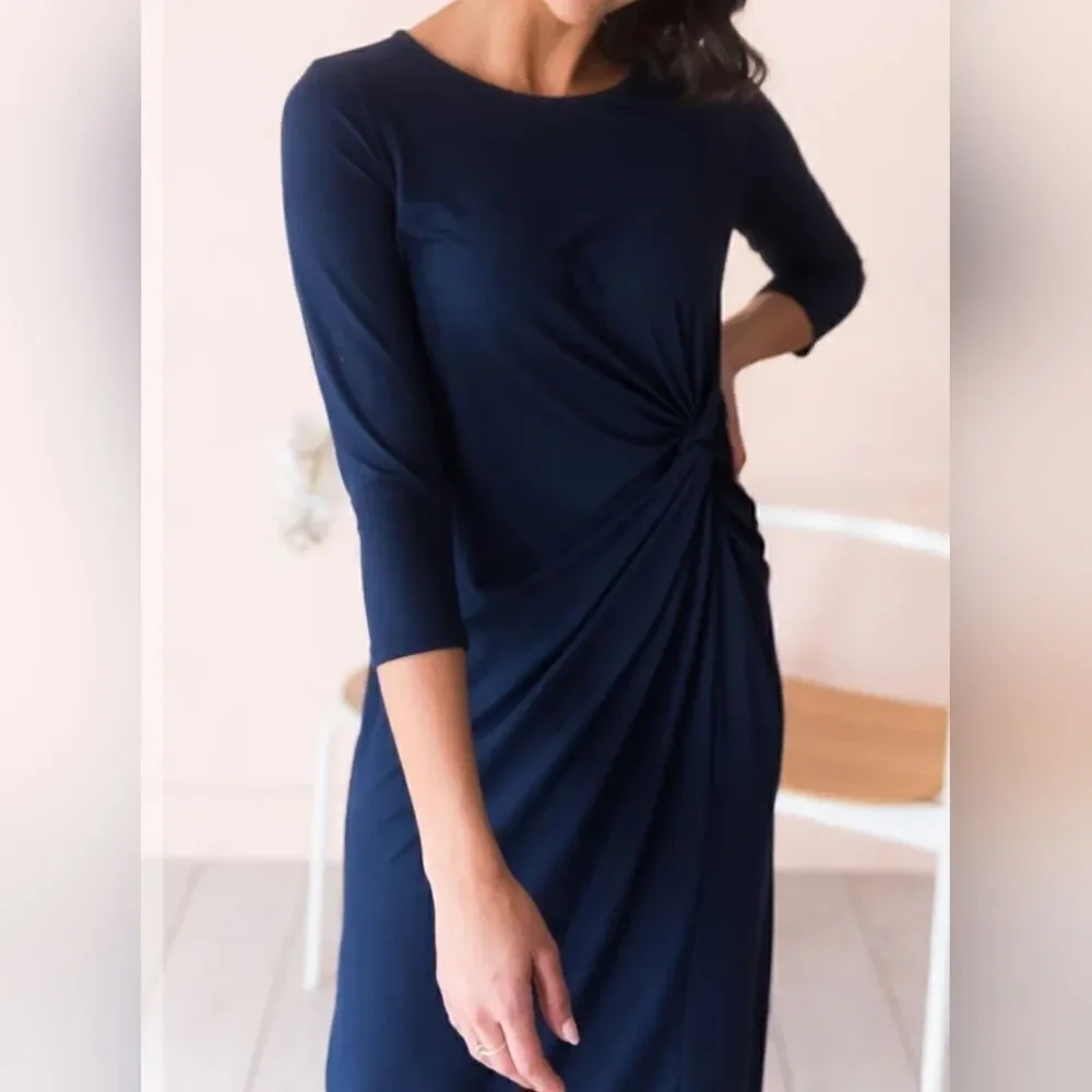 Sweet Pea Navy Jersey Knit Dress Ruched Waist Midi Length